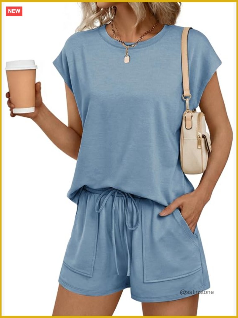 2 Piece Cap Sleeve Top & Shorts Lounge Set With Pockets